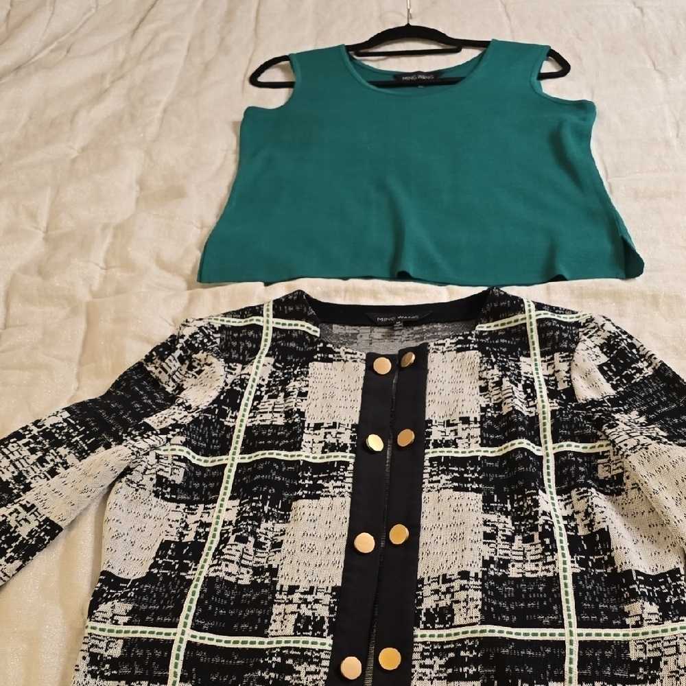 Ming Wang 2 Pieces Black and White Geometric Cardigan Sweater Size M